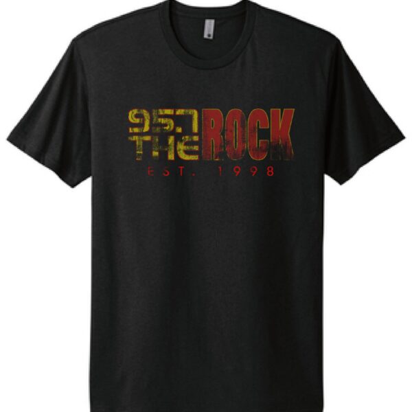 black t-shirt with a distressed 95.7 the rock logo