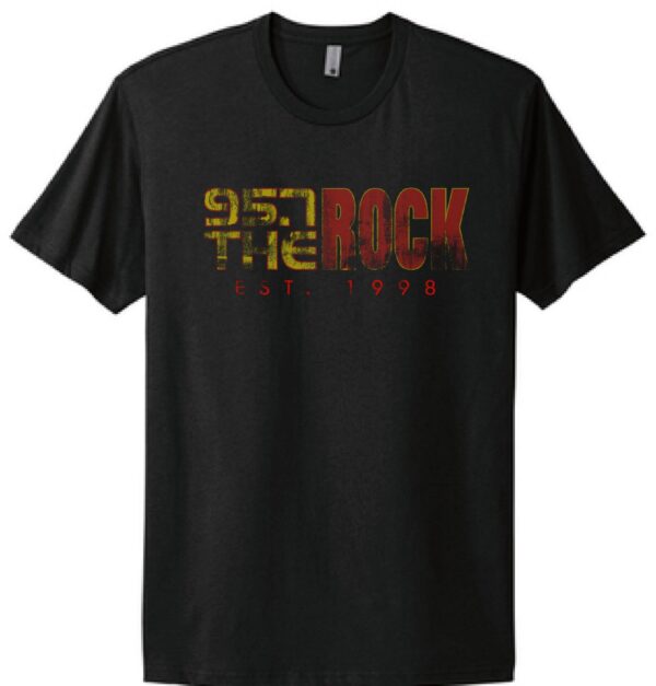 black t-shirt with a distressed 95.7 the rock logo