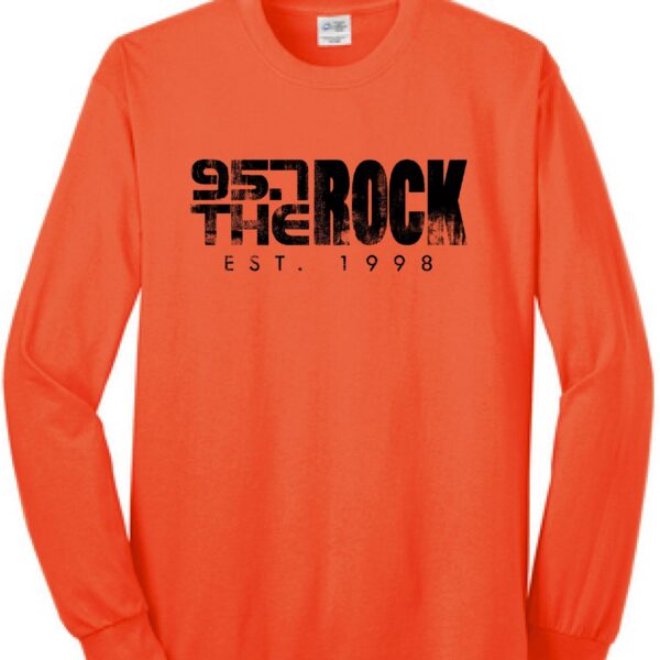 orange long sleeve shirt with a distressed 95.7 the rock logo