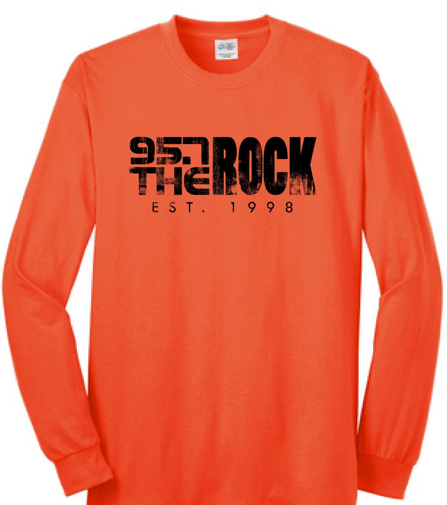 orange long sleeve shirt with a distressed 95.7 the rock logo