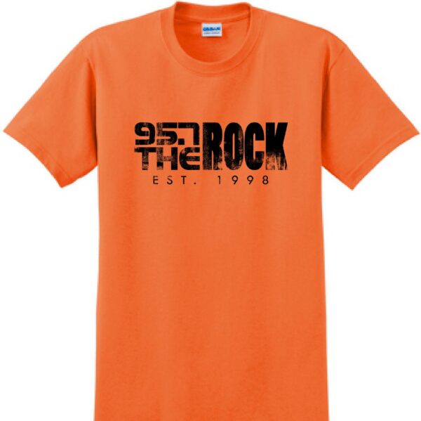 Orange t-shirt with a distressed 95.7 the rock logo