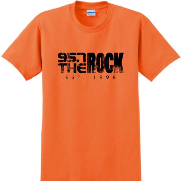 Orange t-shirt with a distressed 95.7 the rock logo