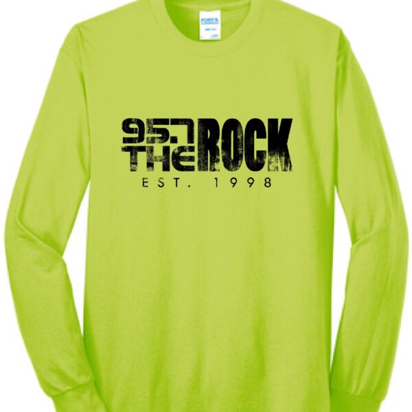 neon yellow long sleeve t-shirt with a distressed 95.7 the rock logo