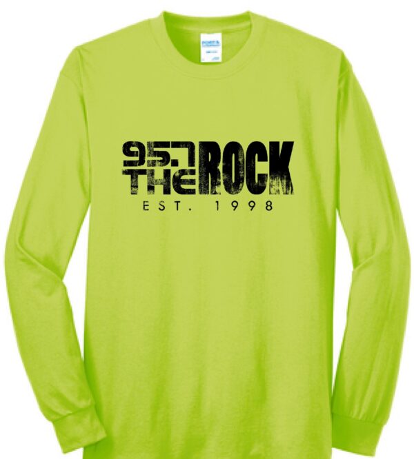 neon yellow long sleeve t-shirt with a distressed 95.7 the rock logo