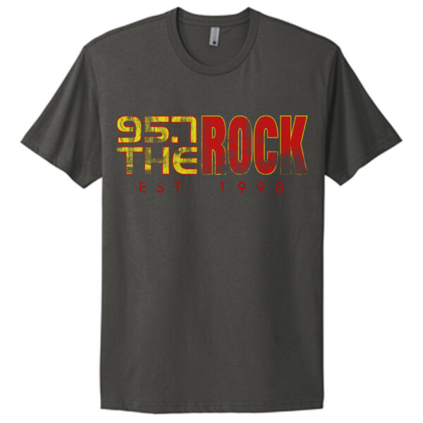 grey t-shirt with a distressed 95.7 the rock logo