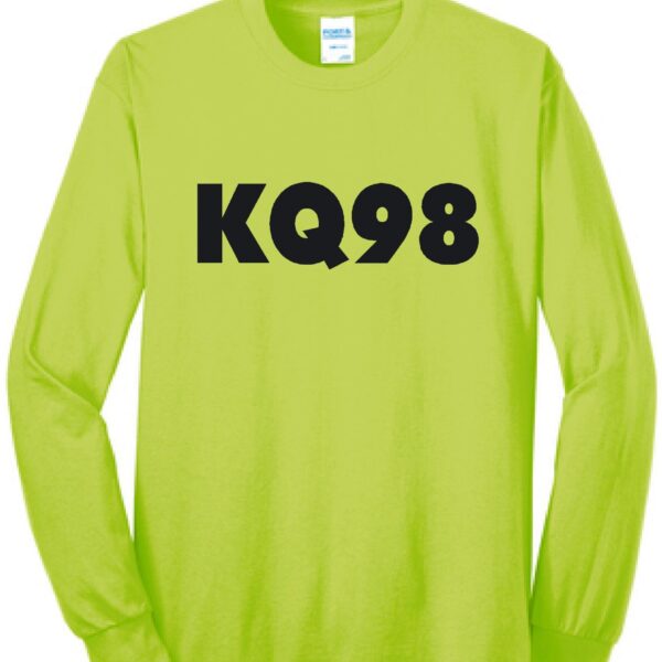 KQ98 in black letters on a safety yellow long sleeve shirt