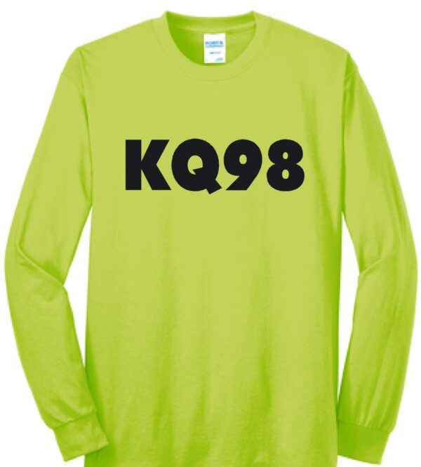 KQ98 in black letters on a safety yellow long sleeve shirt
