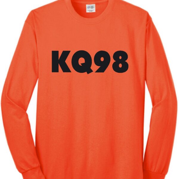 KQ98 in black letters on an orange long sleeve shirt
