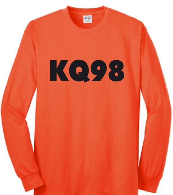 KQ98 in black letters on an orange long sleeve shirt