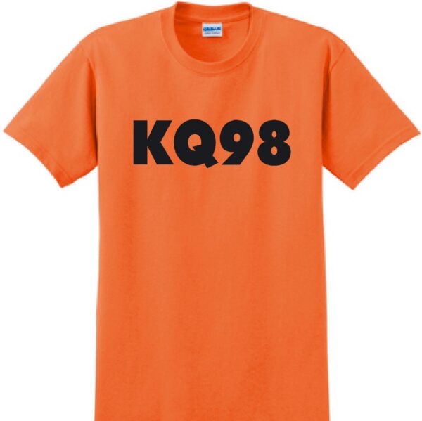 KQ98 black letters on an orange t-shirt