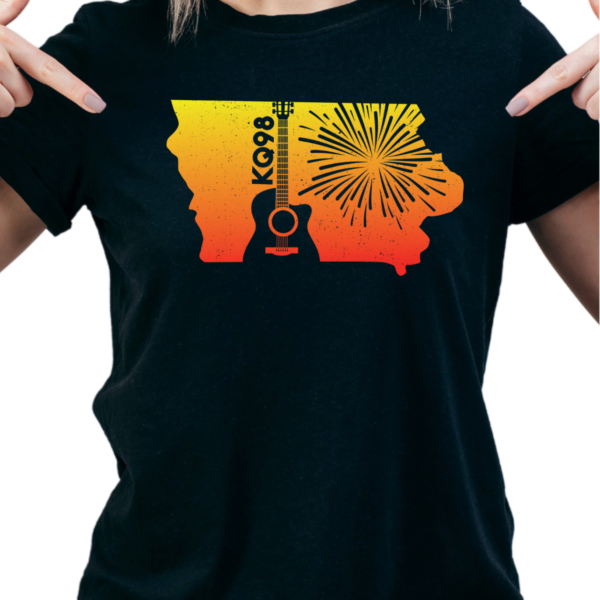 Woman in a black shirt pointing at the design of an Iowa outline