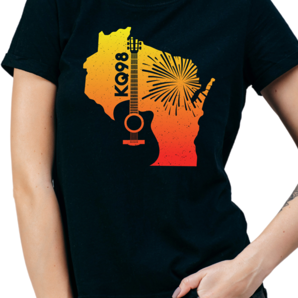 woman wearing a black tee shirt with the state of Wisconsin printed