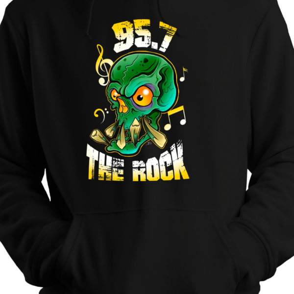 95.7 The Rock Music Skull logo on a black hoodie