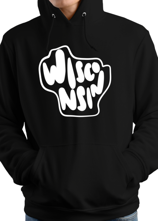 Wisconsin text in the shape of Wisconsin in white ink on a black hoodie