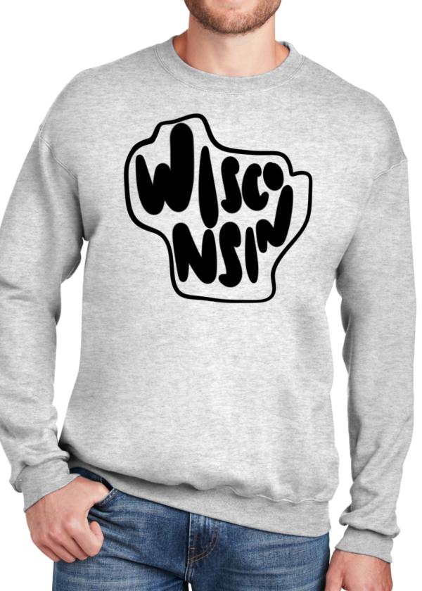 Wisconsin text in the shape of Wisconsin in black ink on a gray crewneck