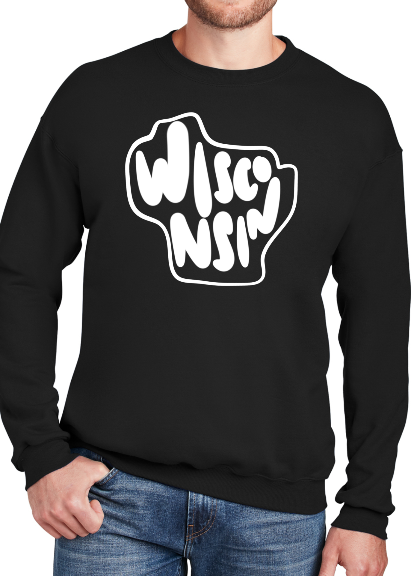 Wisconsin text in the shape of Wisconsin in white ink on a black crewneck