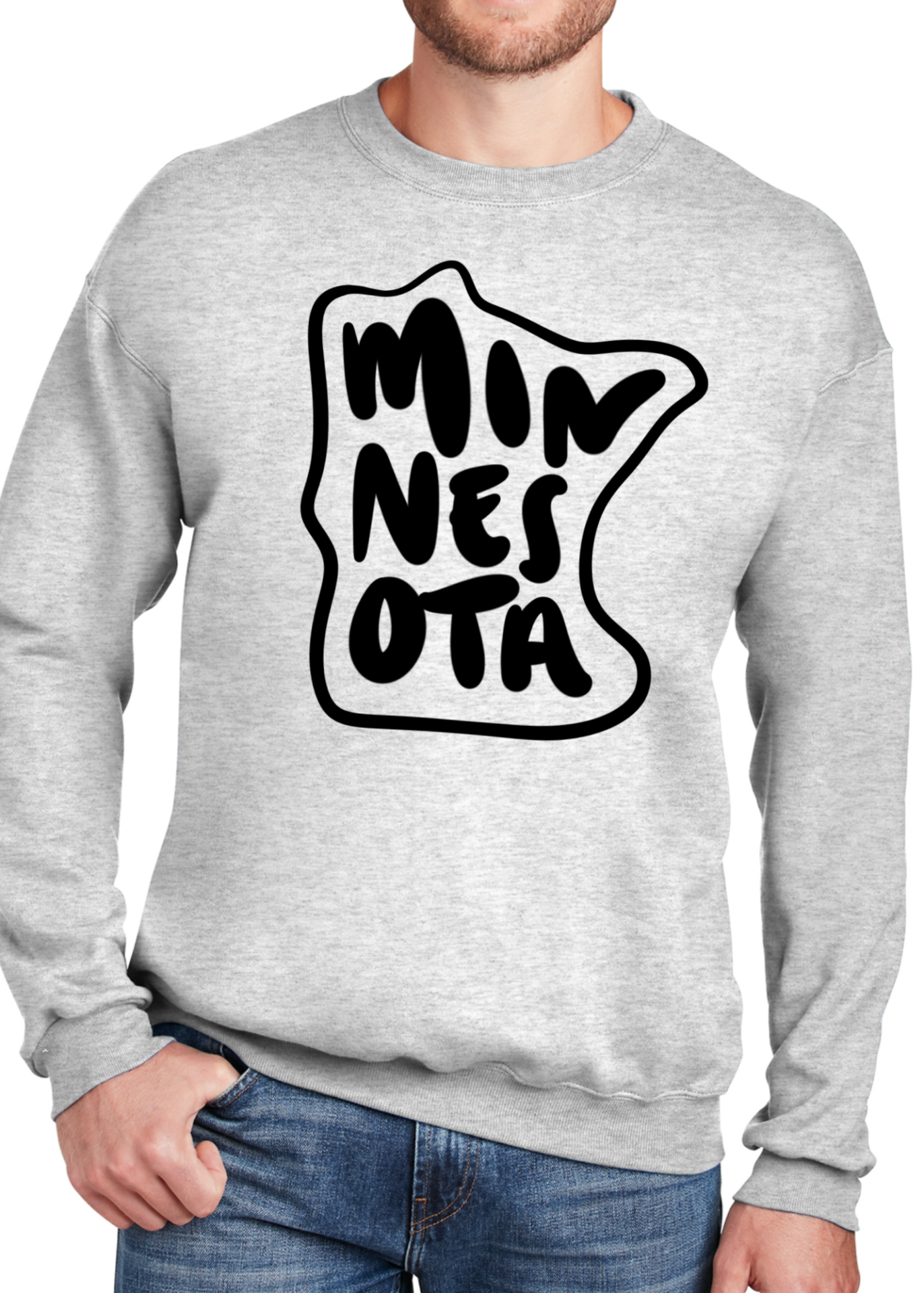 Minnesota text in the shape of Minnesota in black ink on a gray crewneck