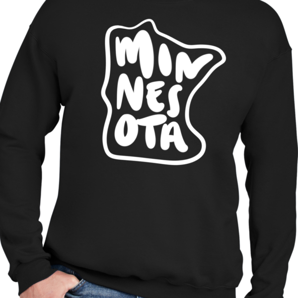 Minnesota text in the shape of Minnesota in white ink on a black crewneck