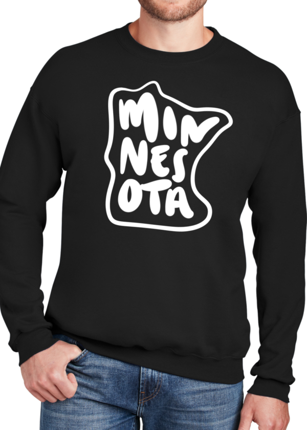 Minnesota text in the shape of Minnesota in white ink on a black crewneck