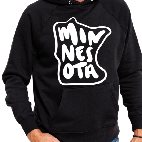 Minnesota text in the shape of Minnesota in white ink on a black hoodie