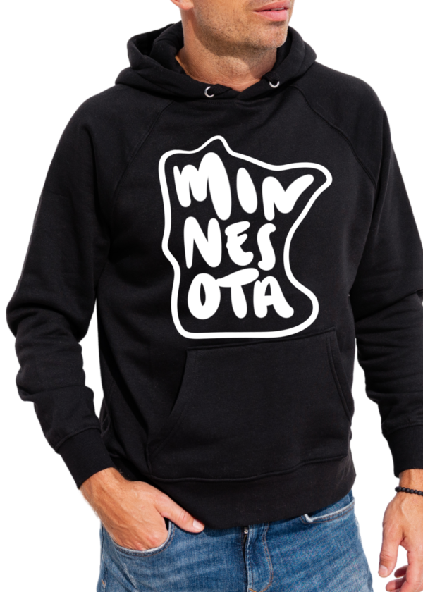 Minnesota text in the shape of Minnesota in white ink on a black hoodie