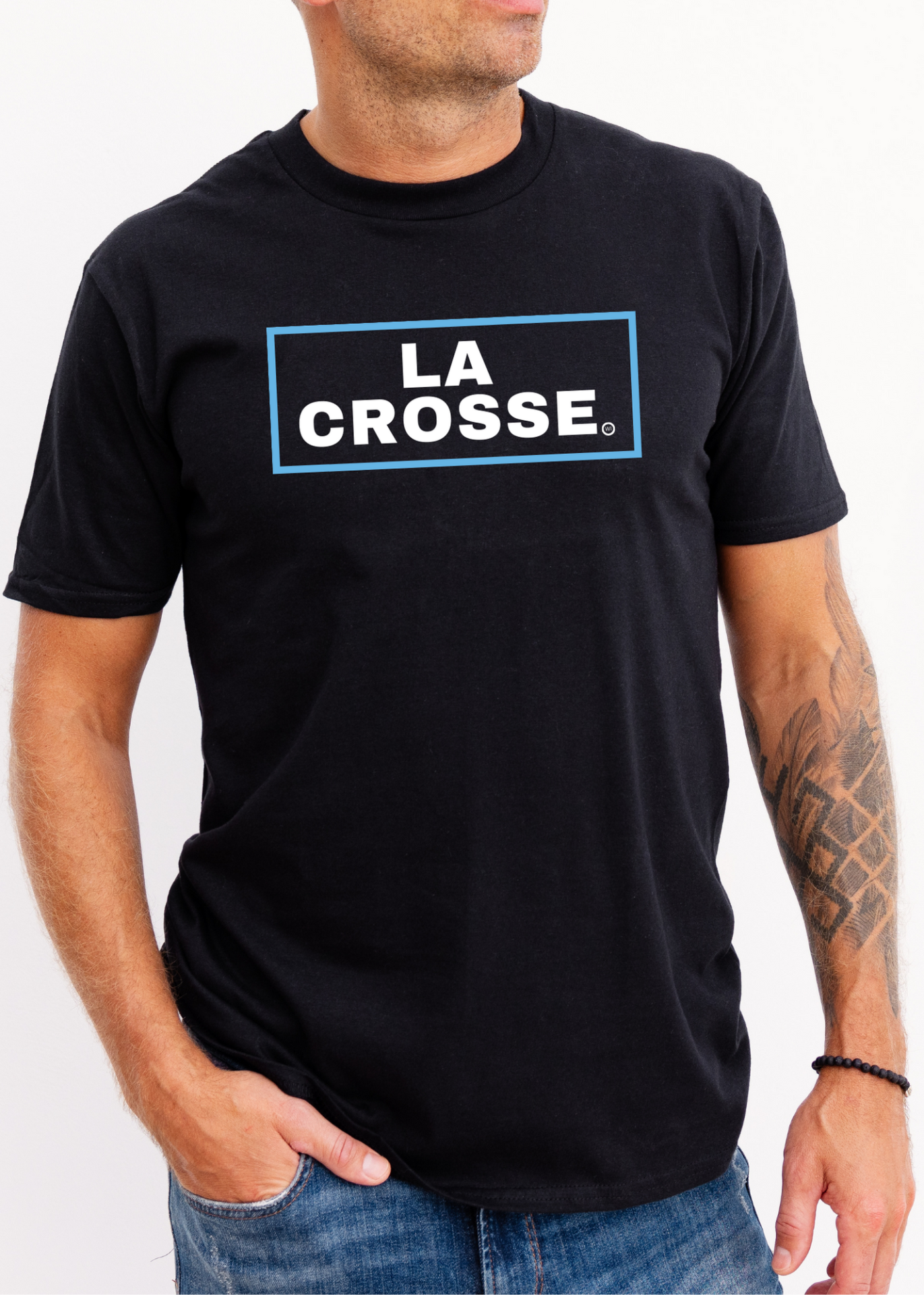 La Crosse in a blue box on a black shirt