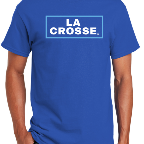 La Crosse in a blue box on a blue shirt