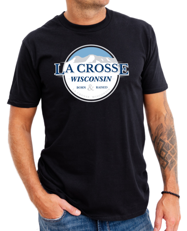 La Crosse text in a blue and white circle with bluffs