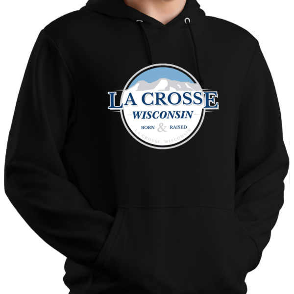 La Crosse text in a blue and white circle with bluffs on a black hooded sweatshirt