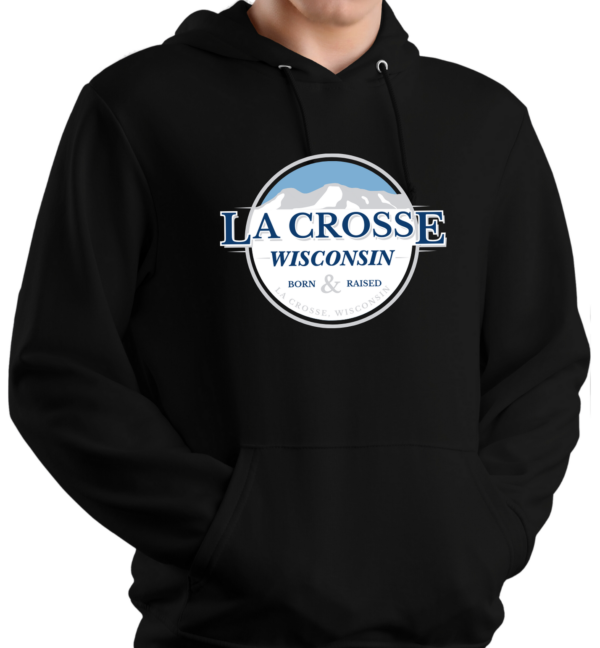 La Crosse text in a blue and white circle with bluffs on a black hooded sweatshirt