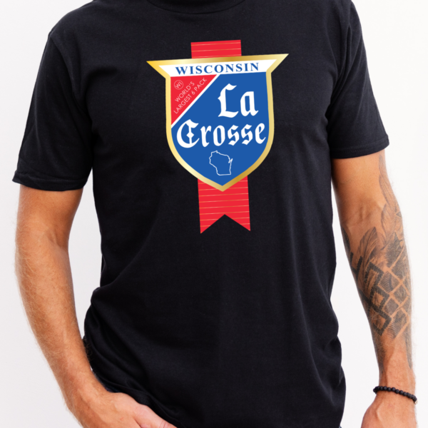 La Crosse text in a blue and red badge on a black t-shirt