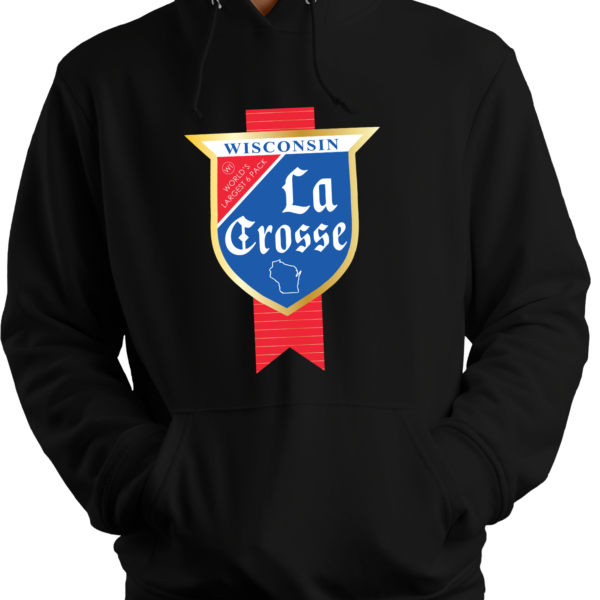 La Crosse text in a blue and red badge on a black hooded sweatshirt
