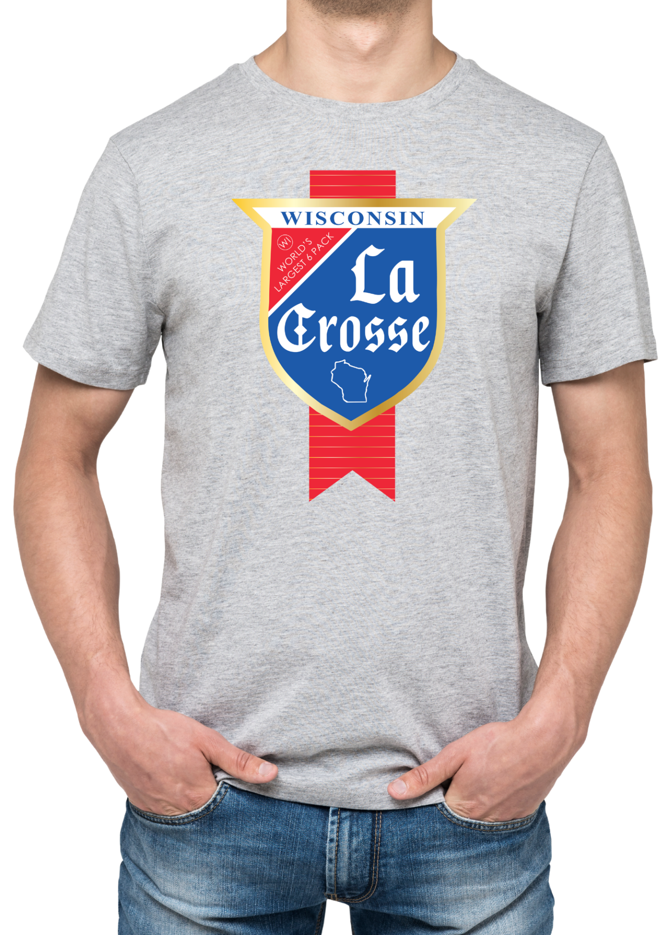 La Crosse text in a blue and red badge on a grey t-shirt