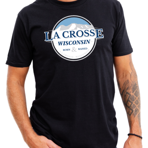 La Crosse text in a blue and white circle with bluffs