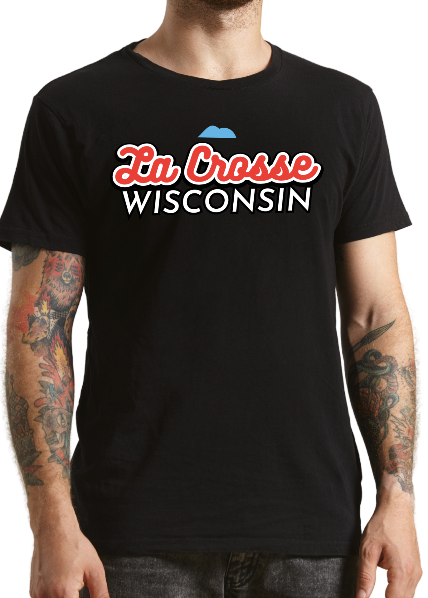 La Crosse Wisconsin text on a black shirt with blue mountains
