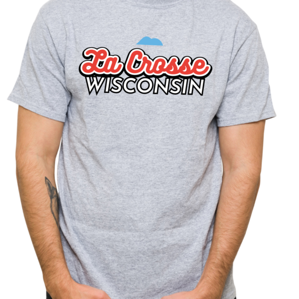 La Crosse Wisconsin text on a grey shirt with blue mountains
