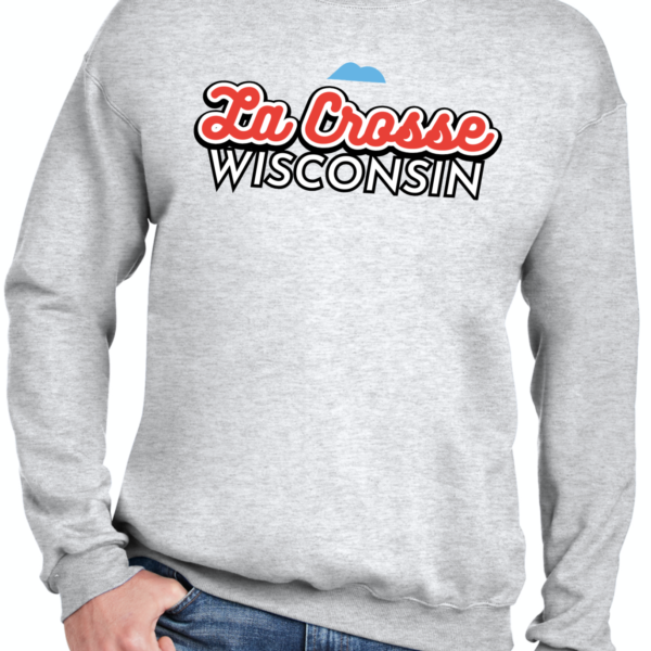 La Crosse Wisconsin text on a grey crewneck sweatshirt with blue mountains