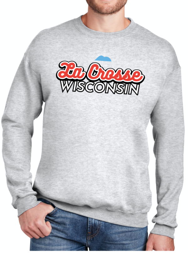 La Crosse Wisconsin text on a grey crewneck sweatshirt with blue mountains