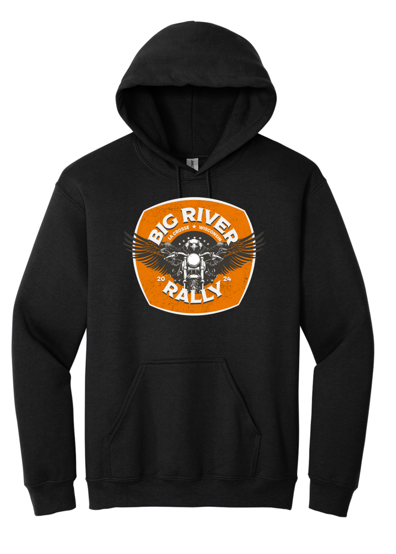 Black hoodies with a large Big River Rally logo on the full chest