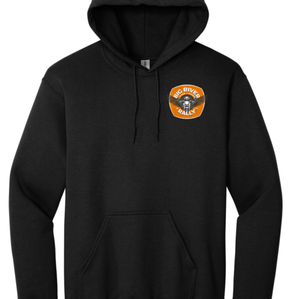 Black hoodie with a small Big River Rally logo on the left chest